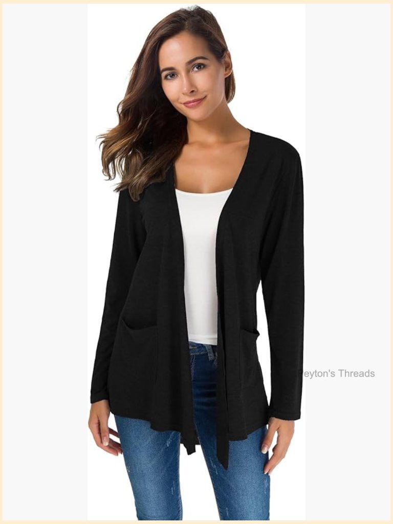 Lightweight Cardigan With Pockets, Polyester Blend, Open Front